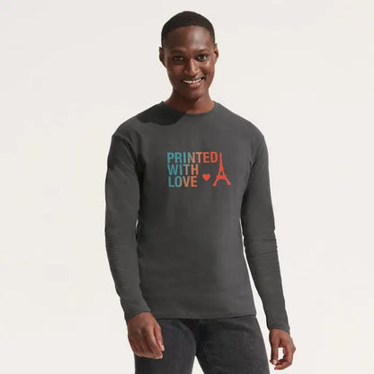 Tricou bărbătesc monarch 150g gri închis cu mâneci lungi imprimat cu love în turcoaz și portocaliu cu inimă roșie și turnul eiffel portocaliu