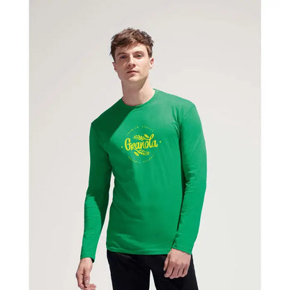 Tricou barbati monarch 150g verde cu maneci lungi si logo galben granola si design frunza pe piept