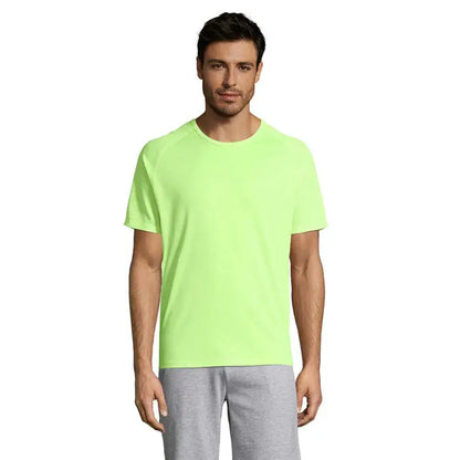 Tricou bărbați sportiv neon verde cu mâneci scurte și material ușor și neted pentru activități sportive