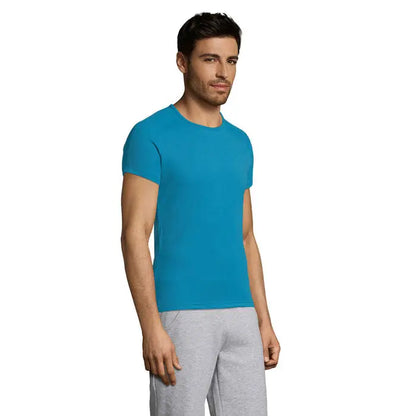 Tricou bărbați sportiv din bumbac teal cu mâneci scurte și guler rotund pentru activități casual