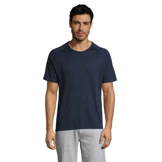 Tricou barbati sportiv bleumarin cu maneci scurte si guler rotund, din bumbac, ideal pentru activitati sportive