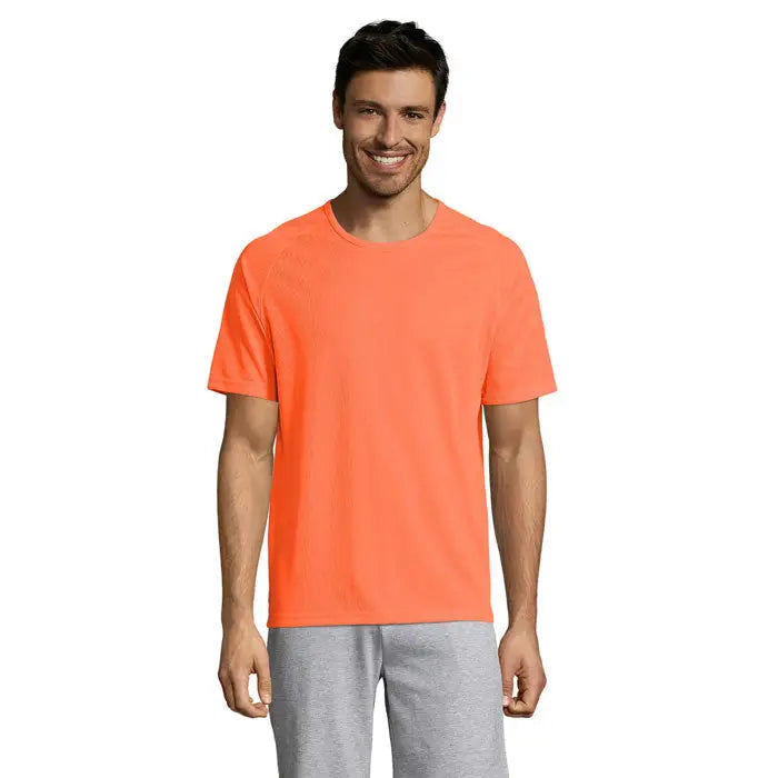 Tricou bărbați sportiv din bumbac cu mânecă scurtă și guler rotund de culoare portocalie aprins