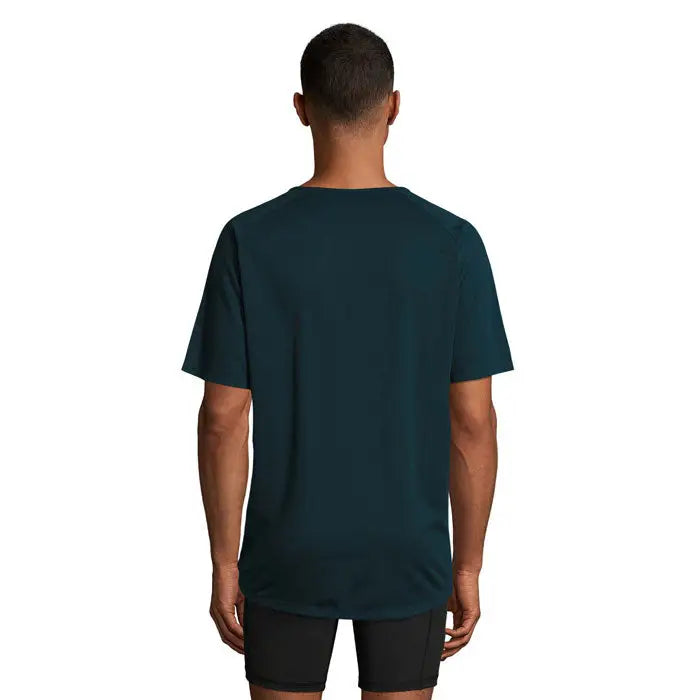Tricou bărbați sportiv albastru închis cu mâneci scurte și guler rotund simplu pentru activități sportive