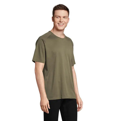 Tricou bărbați sportiv olive green cu mâneci scurte și guler rotund din bumbac pentru activități casual