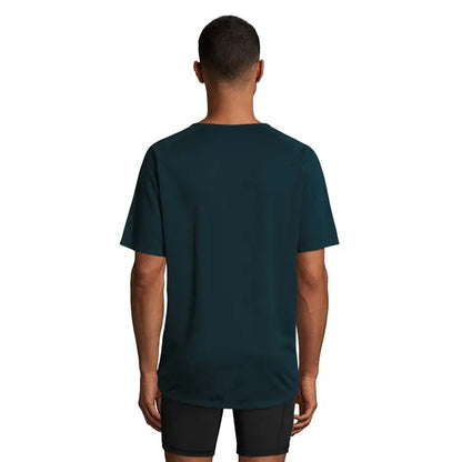 Tricou bărbați sportiv din material sintetic de culoare teal închis cu mâneci scurte și decolteu rotund simplu