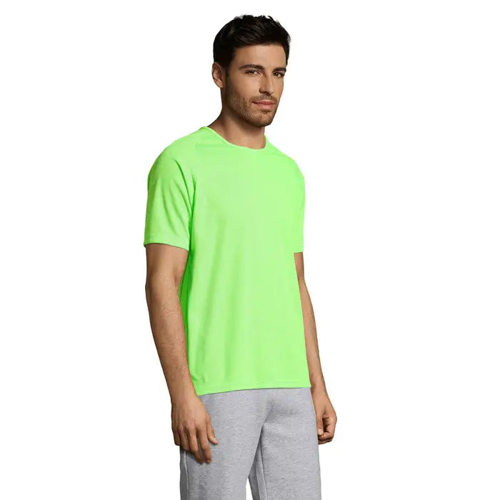 Tricou bărbați sportiv din bumbac neon verde cu mânecă scurtă și guler rotund clasic