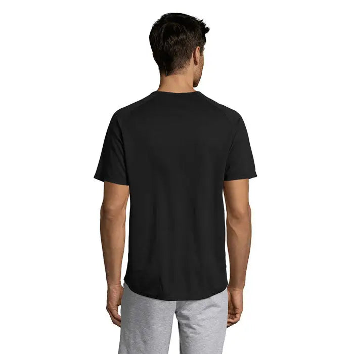 Tricou bărbătesc sportiv negru cu mânecă scurtă și guler rotund din bumbac