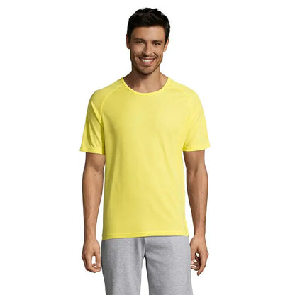 Tricou bărbați sportiv galben luminos cu mâneci scurte raglan și guler rotund pentru activități sportive
