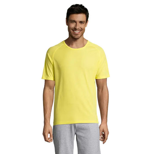 Tricou bărbați sportiv galben luminos cu mâneci scurte raglan și guler rotund pentru activități sportive