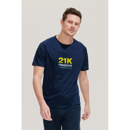 Tricou bărbați sportiv bleumarin cu mânecă scurtă și imprimeu galben și alb 21k finisher pentru antrenament