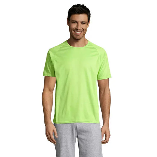 Tricou bărbați sportiv neon verde cu mâneci trei sferturi raglan și guler rotund pentru activități sportive