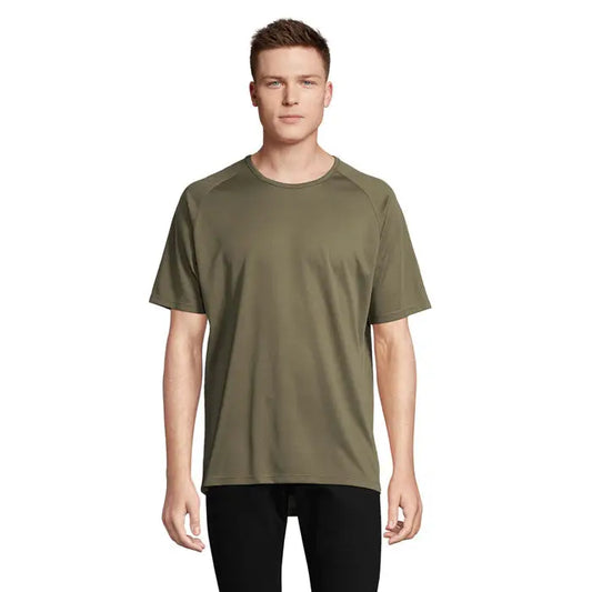 Tricou bărbați sportiv olive verde cu mâneci raglan și guler rotund din bumbac pentru activități casual