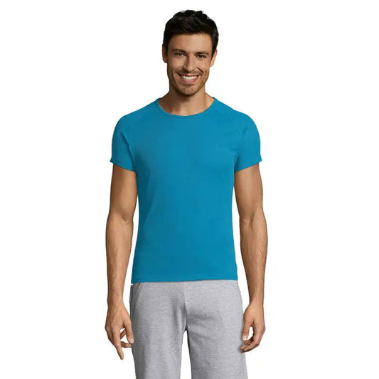 Tricou bărbați sportiv verde teal vibrant cu mâneci scurte raglan și decolteu rotund din material confortabil