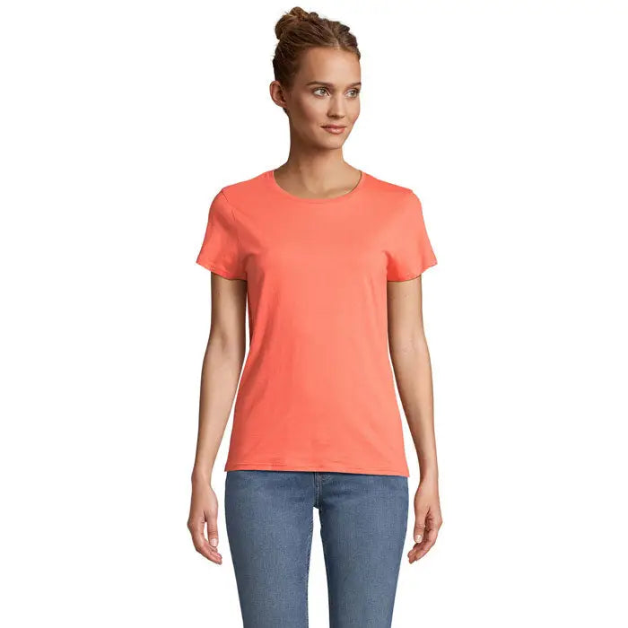 Tricou crusader femeie coral cu mâneci scurte și guler rotund din material de 150g ideal pentru uz casual