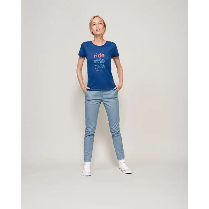 Tricou crusader femeie 150g albastru din bumbac cu imprimeu ride ride ride roz si alb