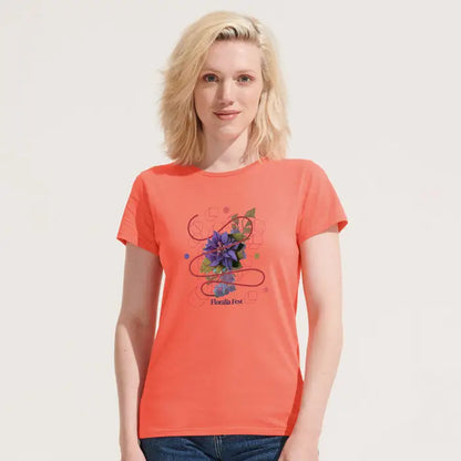 Tricou crusader femeie coral din bumbac 150g cu floare mov și accente geometrice plus text floralia fest