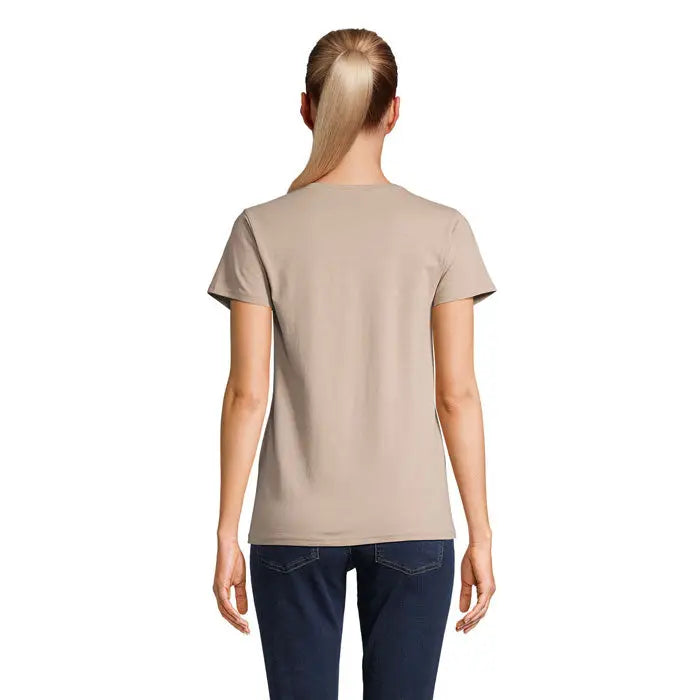Tricou crusader femeie beige cu mâneci scurte și guler rotund simplu din material 150g