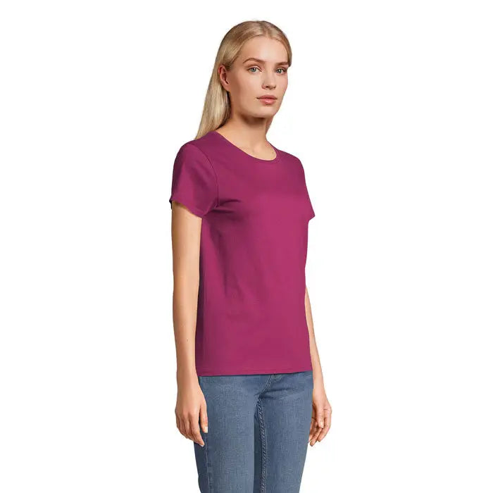 Tricou crusader femeie solid magenta cu mâneci scurte și guler rotund din material de 150g