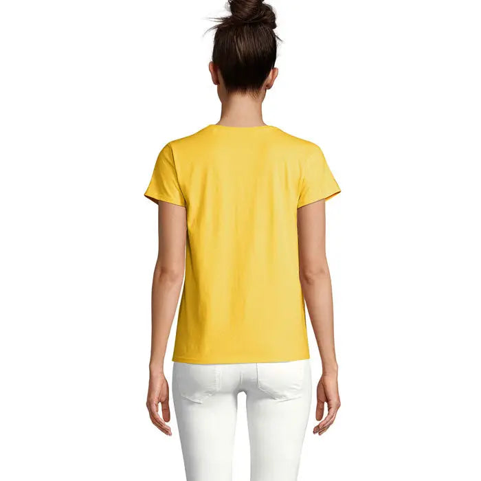 Tricou CRUSADER femeie galben vibrant cu mâneci scurte, guler rotund simplu, material 150g