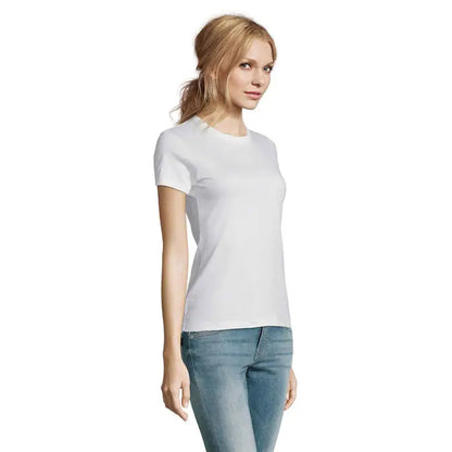 Tricou imperial femeie alb cu mâneci scurte și guler rotund din bumbac 190g ideal pentru uz casual