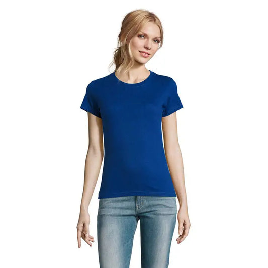 Tricou imperial femeie 190g albastru regal solid cu mâneci scurte și guler rotund clasic din material textil
