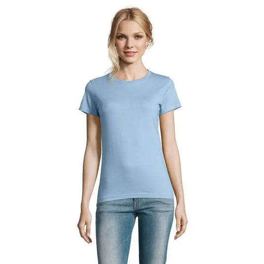 Tricou imperial femeie 190g albastru deschis cu maneci scurte si tiv tip reiat subtil la mansete