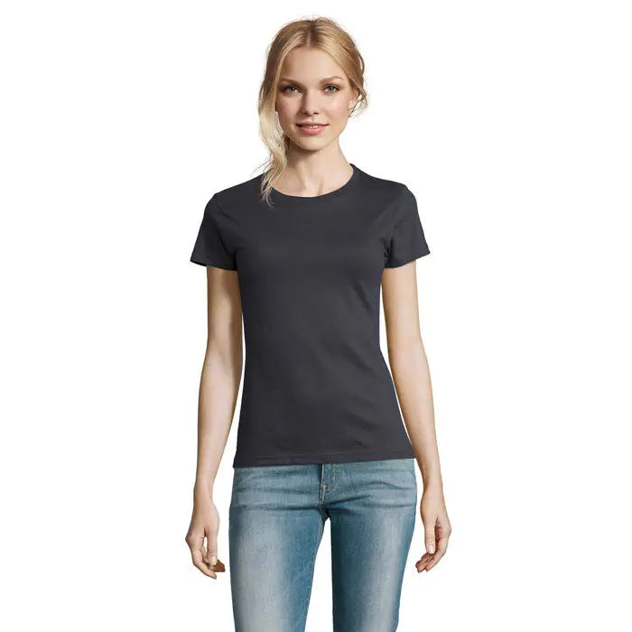 Tricou imperial femeie 190g gri închis cu mâneci scurte și guler rotund clasic din material fin