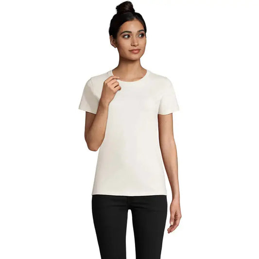 Tricou imperial femeie 190g din bumbac moale off-white cu decolteu rotund simplu si maneci scurte