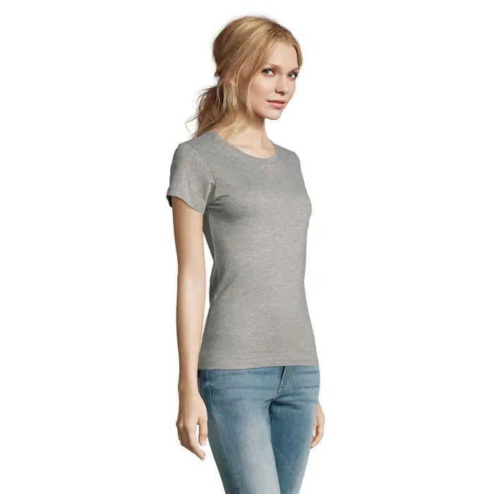 Tricou imperial femeie 190g gri melanj moale cu mâneci scurte și decolteu clasic rotund pentru femei