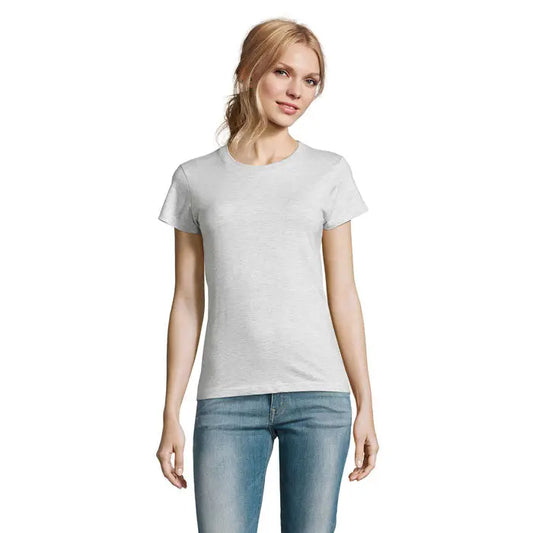 Tricou imperial femeie 190g gri melanj deschis cu mânecă scurtă și guler rotund clasic din material molcom
