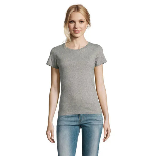 Tricou imperial femeie 190g gri melanj moale cu maneci scurte si guler rotund clasic
