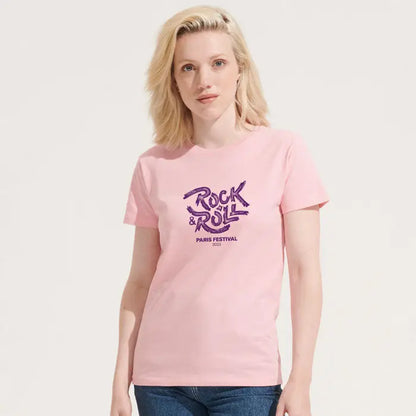 Tricou Imperial femeie 190g roz cu mâneci scurte și imprimeu rock & roll paris festival 2024 mov