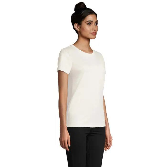 Tricou imperial femeie 190g simplu off-white cu mâneci scurte și guler rotund din bumbac ambiental