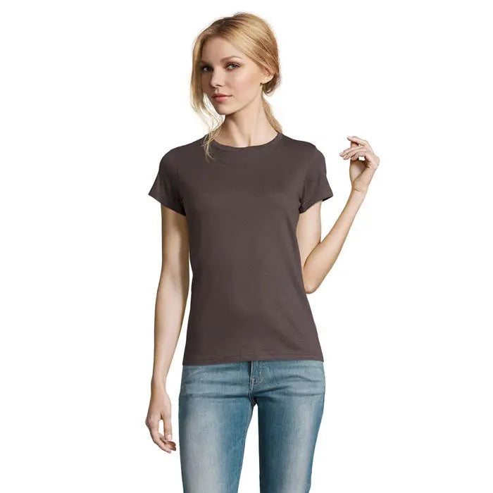Tricou imperial femeie 190g maro închis simplu cu mâneci scurte și guler rotund clasic din bumbac