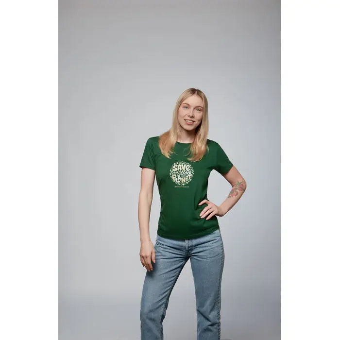 Tricou imperial femeie 190g verde cu mâneci scurte și design circular save the planet cu frunze albe și verzi deschise