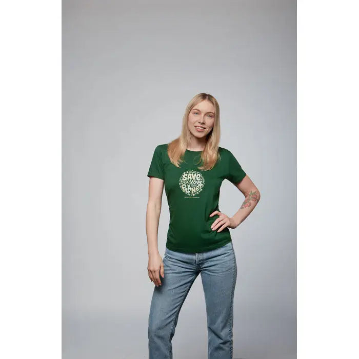 Tricou imperial femeie 190g verde cu mânecă scurtă și imprimeu circular save the planet cu frunze