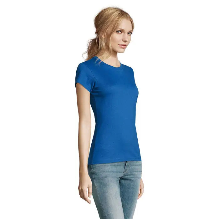 Tricou imperial femeie 190g albastru regal cu mâneci scurte din bumbac cu guler clasic rotund