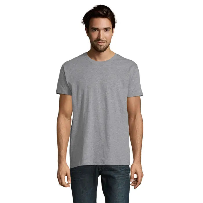 Tricou imperial men 190g gri melanj din bumbac cu guler rotund clasic si maneci scurte