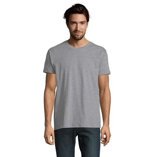 Tricou imperial men 190g din bumbac gri melanj cu guler rotund clasic si maneci scurte