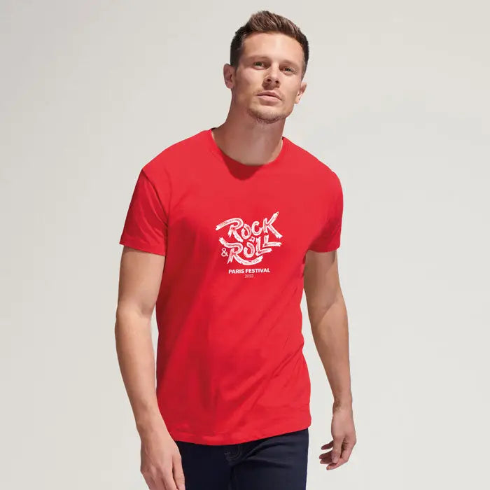 Tricou imperial men 190g rosu din bumbac cu print alb rock and roll paris festival