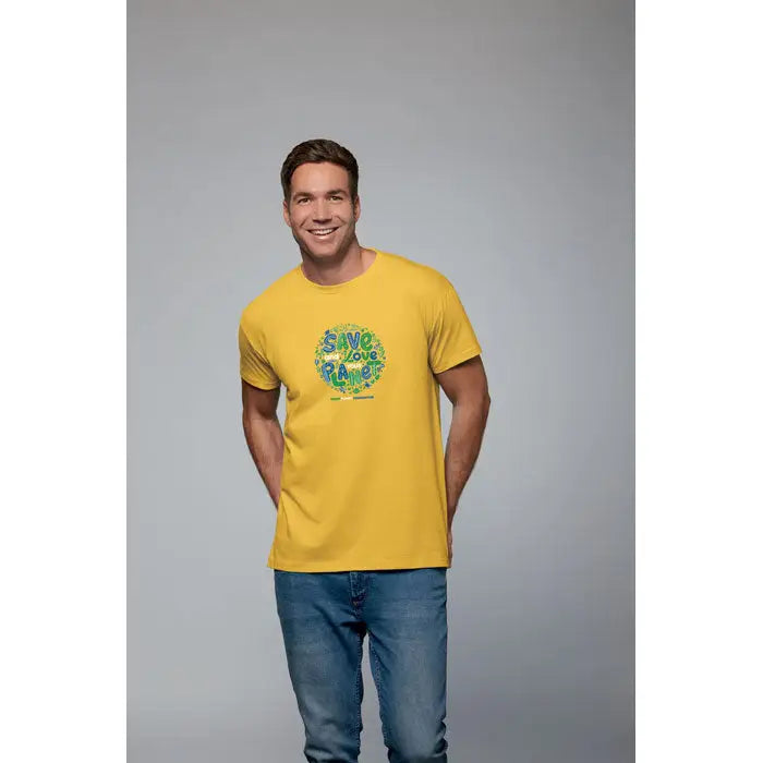 Tricou imperial men 190g galben cu mâneci scurte și grafică circulară verde și albastră save the rainforest