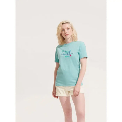 Tricou legende organic 175g albastru deschis cu imprimeu printed in love si inima pe partea din fata