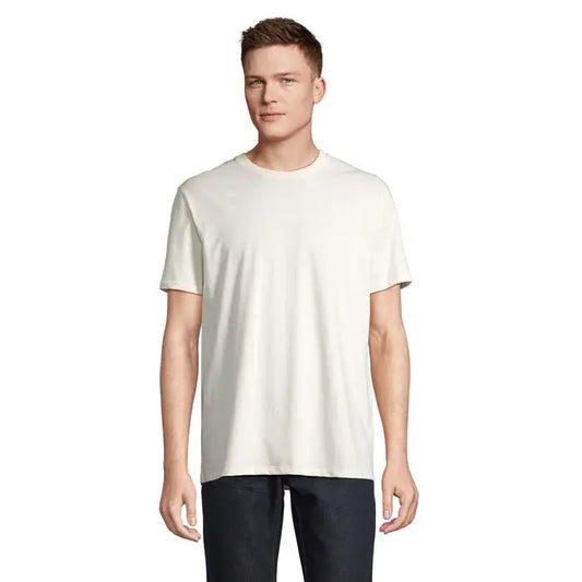 Tricou legend organic 175g cu guler rotund, culoare alb crem si croiala lejera, material moale organic