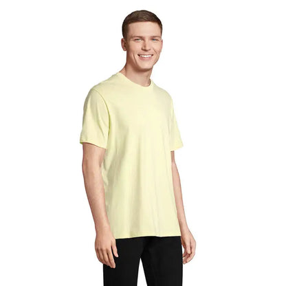Tricou legend organic 175g cu mâneci scurte, culoare galben pal, material organic și guler rotund