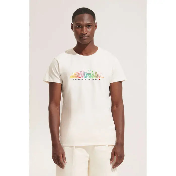 Tricou pioneer men 175g crem cu grafica colorata orizont urban si textul printed with love sub imagine