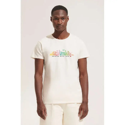 Tricou pionier men 175g crem din bumbac cu print colorat orizont urban curcubeu si text printed with love