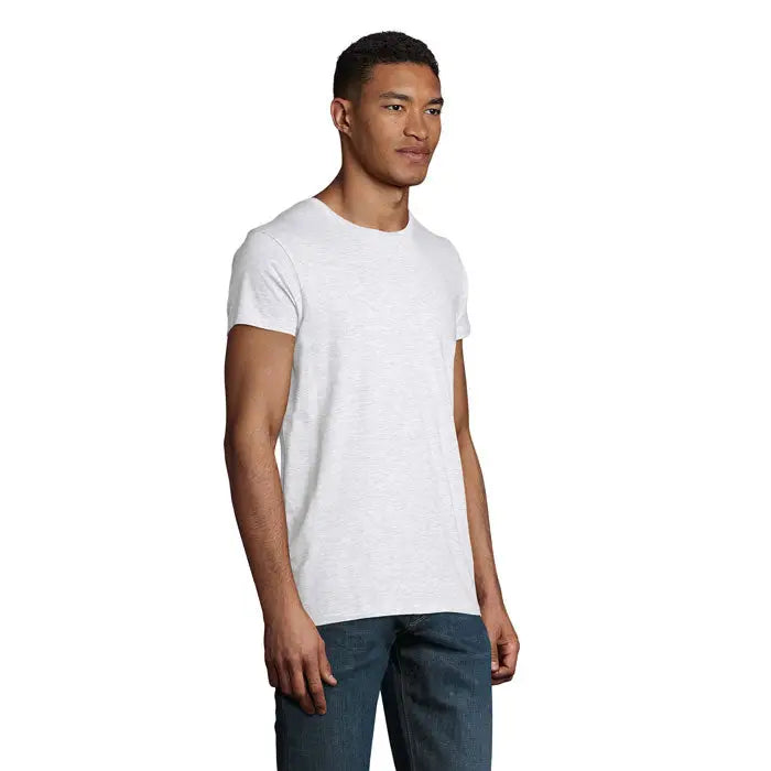 Tricou pioneer men 175g din bumbac alb melanj cu guler rotund clasic si maneci scurte