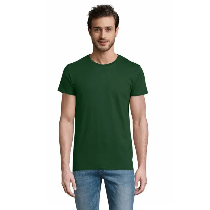 Tricou pioneer men 175g din bumbac verde închis cu guler rotund clasic și mâneci scurte simplu