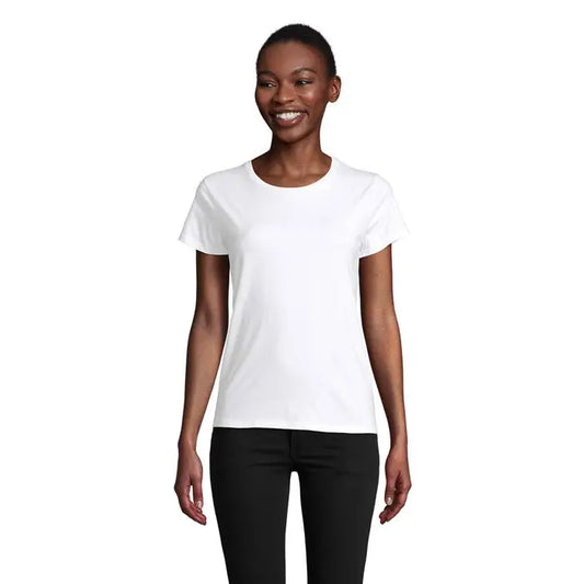 Tricou Pioneer Women alb cu mânecă scurtă și guler rotund din bumbac 175g ideal pentru uz casual