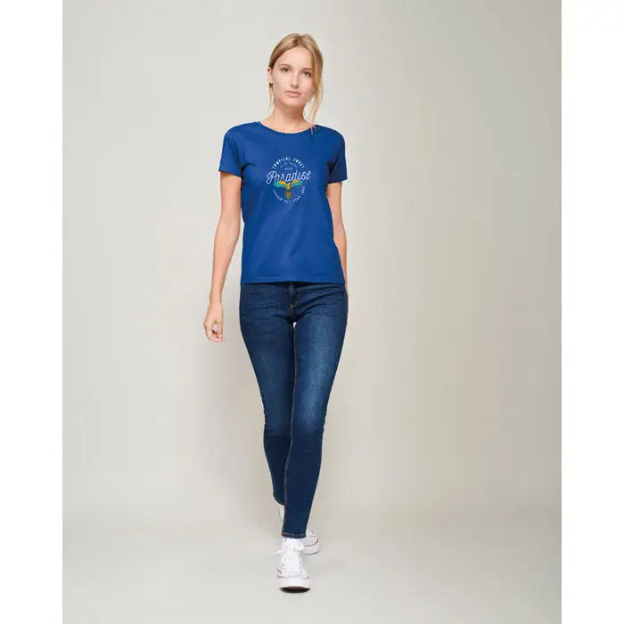 Tricou pioneer women albastru cu mâneci scurte din bumbac 175g cu design circular paradise și aripi colorate